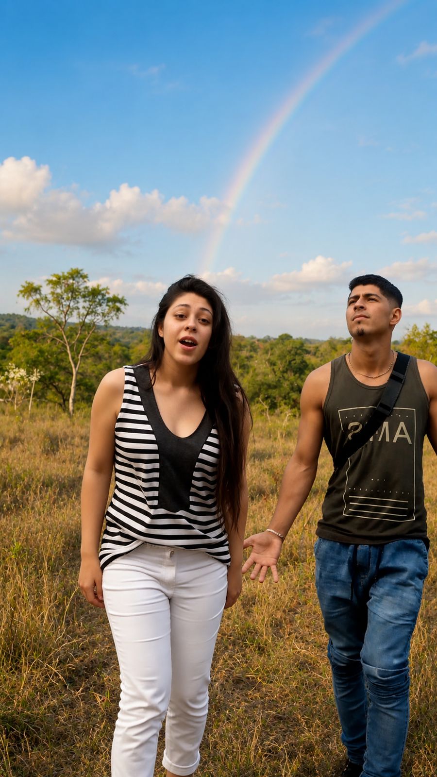 Renata Pattez e Michaell D. em gravação ao ar livre com arco-íris